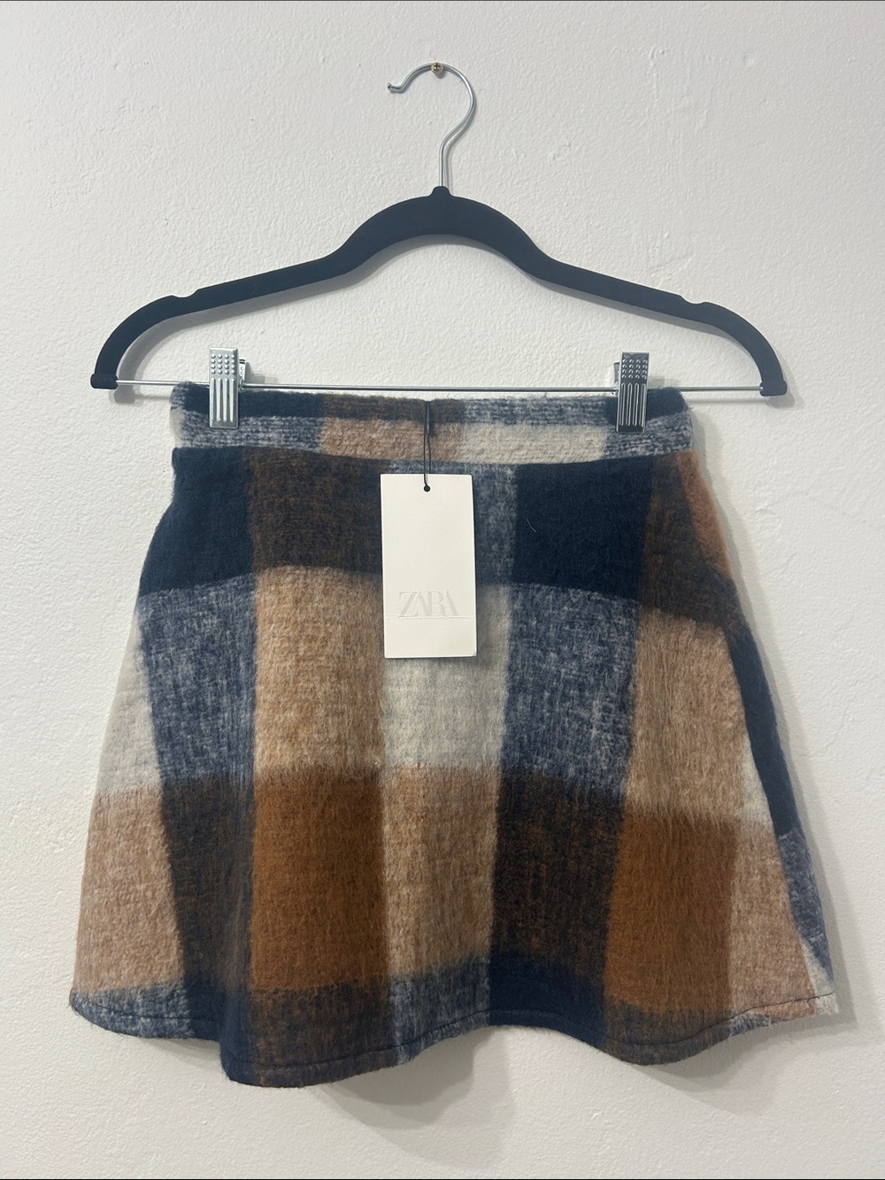 ZARA Plaid A-Line Mini Skirt in Brown, Navy & Cream